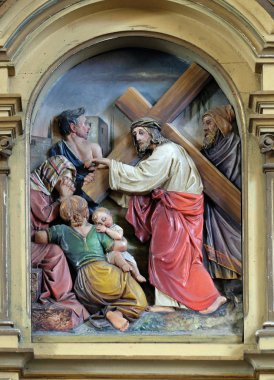 8. Haç İstasyonları, İsa Zagreb, Hırvatistan'da Kudüs, Saint John Baptist kilise kızları karşılar