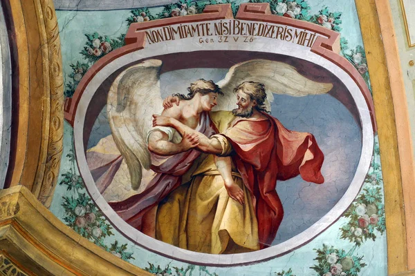 Jacob Luptându Îngerul Frescă Tavanul Bisericii Sfântul Ioan Botezătorul Din — Fotografie, imagine de stoc
