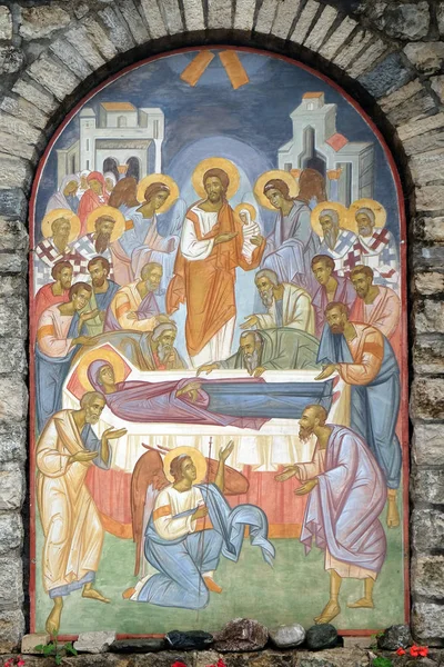 Mort Vierge Fresque Sur Mur Extérieur Monastère Xve Siècle Assomption — Photo