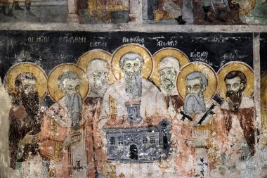 Makedonya'da Ohri yakınlarındaki Saint Naum Manastırı'nda St. Clement ve St. Naum gibi st. Cyril ve Methodius'lu freskler