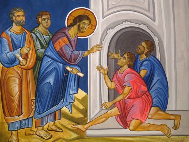 Mesih, Makedonya'nın Ohri kenti Saint Naum Manastırı yakınlarındaki Balkanlar'daki Saint Paraskeva Kilisesi'ndeki felçli freskleri iyileştiriyor