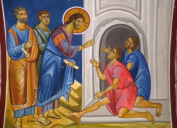 Χριστός Θεραπεύει Παραλυτικό Νωπογραφία Στην Εκκλησία Του Αγίου Παρασκευά Των — Φωτογραφία Αρχείου