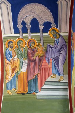 Tapınakta İsa'nın sunumu, Makedonya'daki Ohri, Saint Naum Manastırı yakınlarındaki Balkanlar'daki Saint Paraskeva Kilisesi'nde fresk
