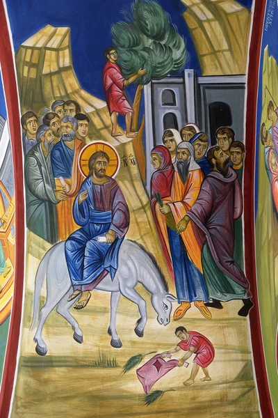 Triumphal Entry Jesus Jerusalem Fresco Church Saint Paraskeva Balkans Saint — Stock Photo, Image