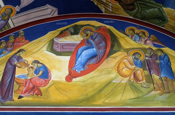 Γέννηση Του Ιησού Τοιχογραφία Στην Εκκλησία Του Αγίου Παρασκευά Των — Φωτογραφία Αρχείου