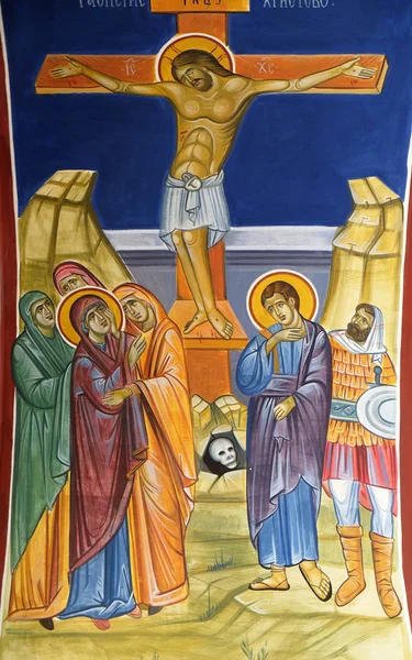 十字架上的耶稣 在马其顿奥赫里德圣瑙姆修道院附近的巴尔干圣帕拉斯克瓦教堂的壁画 — 图库照片