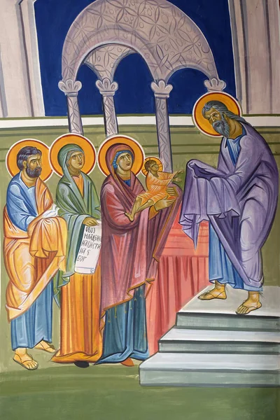 Představení Ježíše Chrámu Fresky Kostele Svatého Paraševa Balkáně Nedaleko Kláštera — Stock fotografie