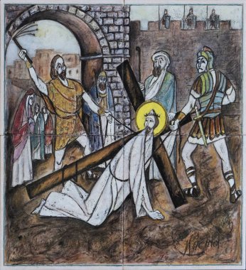 7. Haç İstasyonları, İsa ikinci kez düştü, Dugave, Zagreb, Hırvatistan 'daki Aziz Matthew Kilisesi