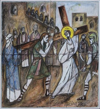 5. Haç İstasyonları, Cyrene Simon haç taşır, Dugave Saint Matthew Kilisesi, Zagreb, Hırvatistan