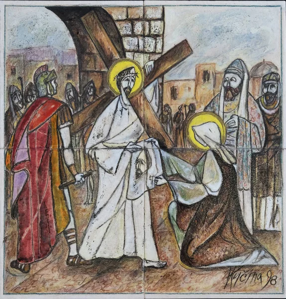 6Th Stations Cross Veronica Wipes Face Jesus Church Saint Matthew — 스톡 사진