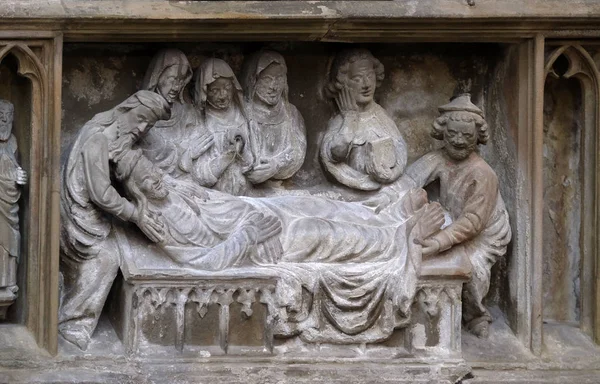 Jesús Está Acostado Tumba Estatua Tabernáculo Iglesia Santiago Rothenburg Der —  Fotos de Stock