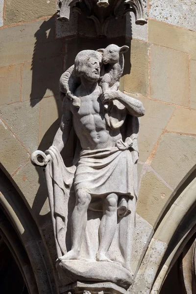 Jesus the Good Shepherd, statue on facade of the St James Church in Rothenburg ob der Tauber, Germany