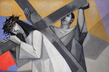 5. Haç İstasyonları, Cyrene Simon haç taşır, Gemunden Main Kutsal Teslis Kilisesi, Bavyera, Almanya
