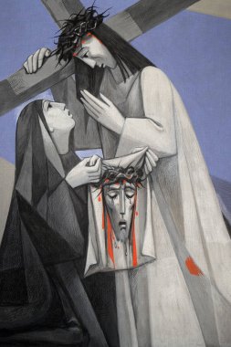 Haç 6 İstasyonları, Veronica İsa'nın yüzünü siler, Gemunden Main Kutsal Teslis Kilisesi, Bavyera, Almanya