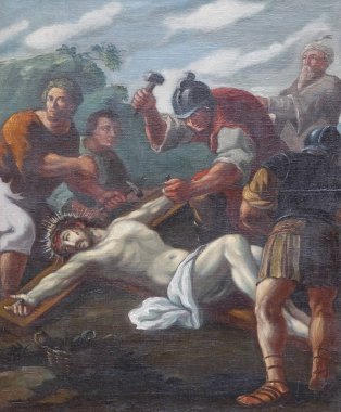 11. Haç İstasyonları, Çarmıha Gerilme: İsa haç çivilenmiş, Schmerlenbach St Agatha kilisesi, Almanya