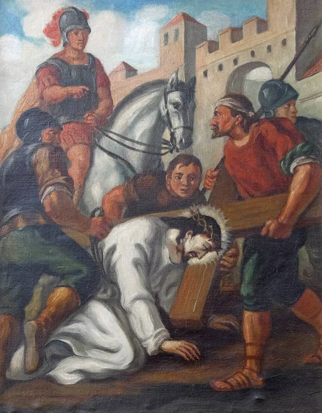 十字架第七站 耶稣第二次倒下 德国施默伦巴赫的圣阿加莎教堂 — 图库照片