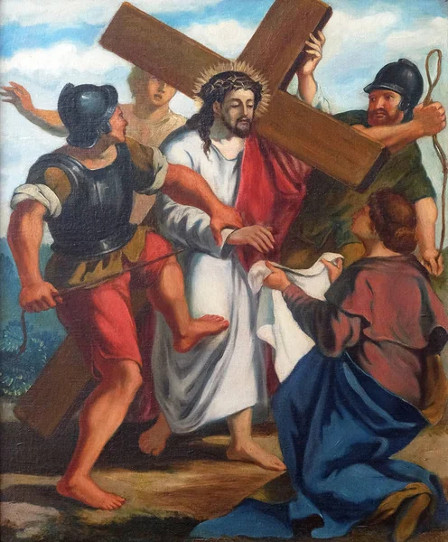 Σταθμοί Του Σταυρού Βερόνικα Σκουπίζει Πρόσωπο Του Ιησού Εκκλησία Της — Φωτογραφία Αρχείου