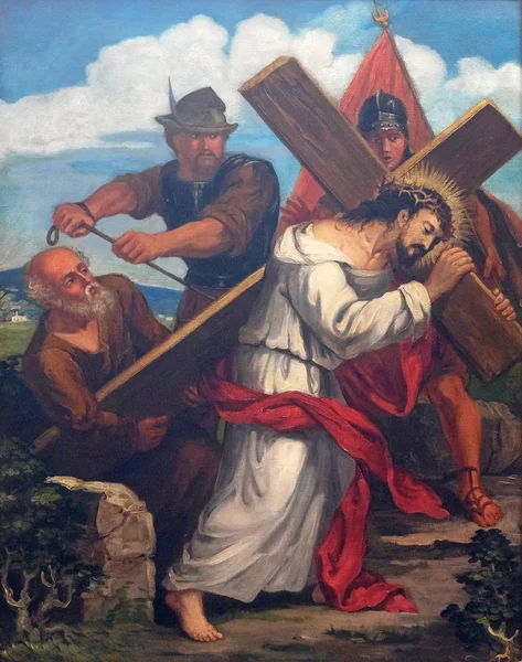 十字架的第五站 塞伦的西蒙携带十字架 在德国施默伦巴赫的圣阿加莎教堂 — 图库照片