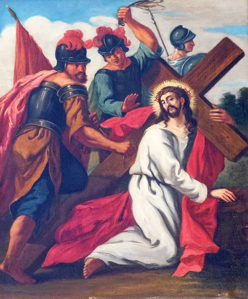 Σταθμοί Του Σταυρού Ιησούς Πέφτει Την Πρώτη Φορά Εκκλησία Της — Φωτογραφία Αρχείου