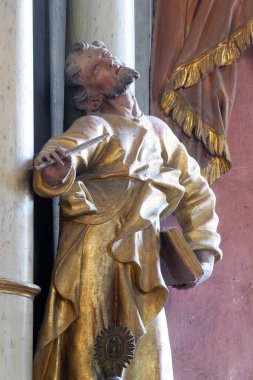 Aziz Luke heykeli, Hırvatistan 'ın Krapina kentindeki Trski Vrh kentindeki Kudüs Kilisesi' nde Havarilerin Ayrılışı mihrabında.