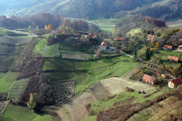 Idylliczna Wieś Wzgórza Łąki Regionie Zagorje Chorwacja — Zdjęcie stockowe