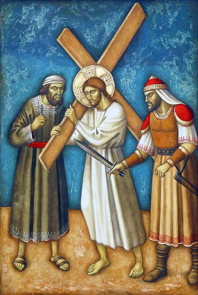 2番目の十字架の駅 イエスは彼の十字架を与えられています クロアチアのザグレブの教区教会イエスの尊い血 — ストック写真