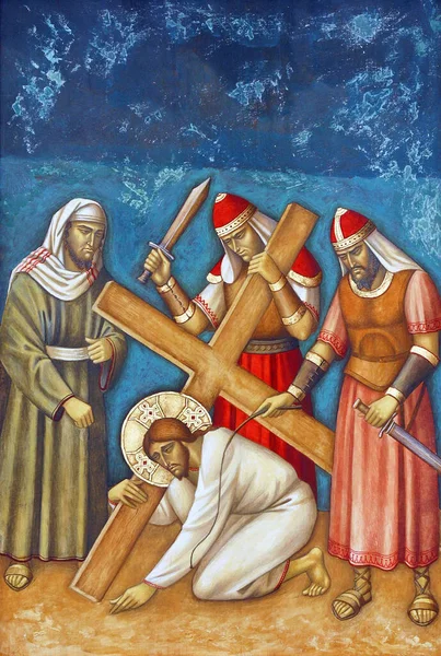 Στάση Του Σταυρού Ιησούς Πέφτει Για Πρώτη Φορά Ενοριακή Εκκλησία — Φωτογραφία Αρχείου
