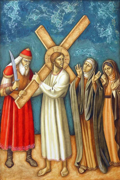 Korsets Stationer Jesus Möter Jerusalems Döttrar Församlingskyrkan Precious Blood Jesus — Stockfoto