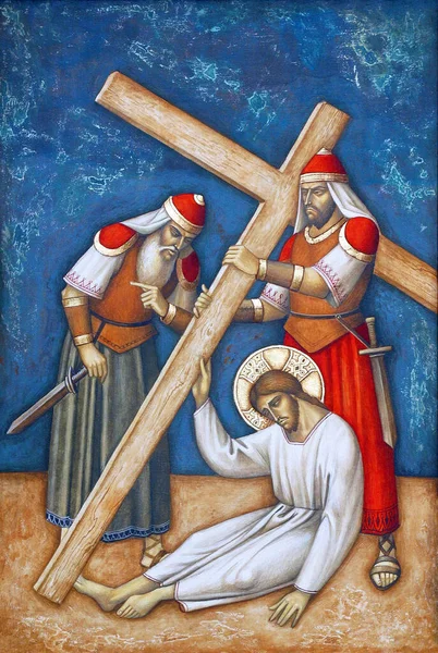 Kruiswegstations Jezus Valt Derde Keer Parochiekerk Kostbaar Bloed Van Jezus — Stockfoto