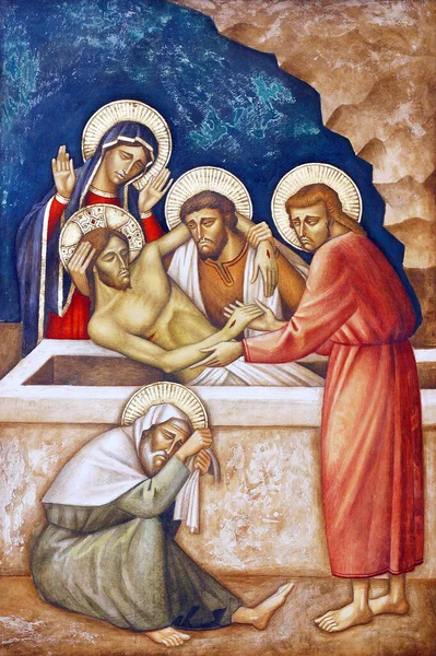Állomások Kereszt Jézus Van Fektetve Sírba Borított Tömjén Plébániatemplom Drága Stock Kép