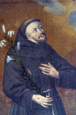 Assisi 'li Aziz Francis, Hırvatistan' ın Krapina kentindeki İskenderiyeli Aziz Catherine Kilisesi 'nde Padua' lı Aziz Anthony 'nin sunağında sunak.