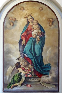 Hırvatistan 'ın Lun kentindeki St. Jerome kilisesinde bebek İsa' nın sunağıyla Bakire Meryem