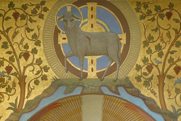 Lamm Gottes Agnus Dei Mit Kreuz Fresko Der Kirche Corpus — Stockfoto