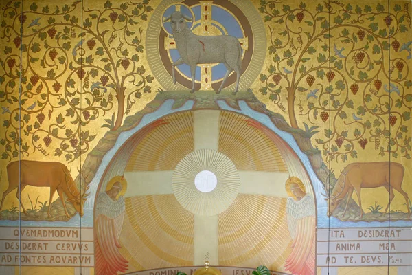 Cordero Dios Agnus Dei Con Cruz Fresco Iglesia Del Corpus —  Fotos de Stock