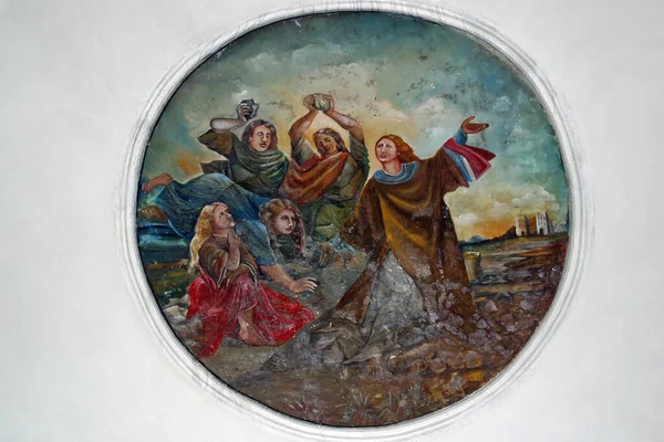 Kamenování Svatého Štěpána Freska Farním Kostele Kateřiny Alexandrijské Dapci Chorvatsko — Stock fotografie