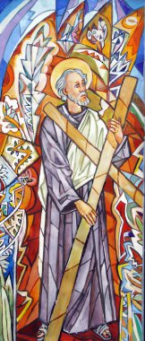 Aziz Andrew, Hırvatistan 'ın Velika Gorica kentindeki Aziz Peter ve Paul kilisesinin vitraylı penceresinin çizimi.