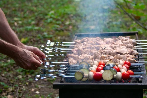 Męskie Dłonie Shish Kebab Szaszłyk Grilla — Zdjęcie stockowe