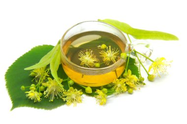 Beyaz zemin üzerinde ıhlamur çiçekleri olan bir fincan bitki çayı.