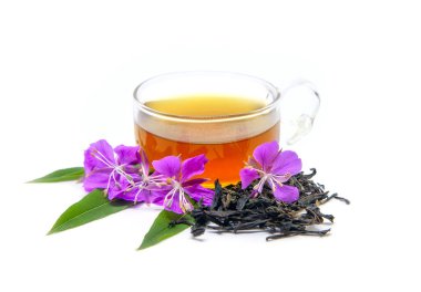 Mayalanmış yaprak ateş otundan (Chamerion angustifolium) gelen bitki çayı, beyaz arka planda büyük willowhere ya da rosebay willoerb olarak da bilinir. Geleneksel Rus Koporye Çayı (Ivan Chai)