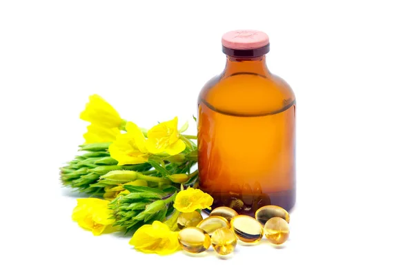 Yellow Evening Primrose Oenothera Biennis Flowers Capsules Bottle Oil Cosmetics — Stock Photo, Image