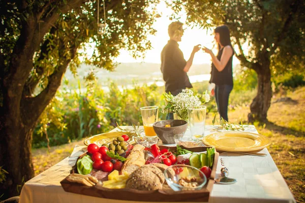 bir çift eski şehir parkında pike üzerinde beyaz şarap bardak ile tıklayarak