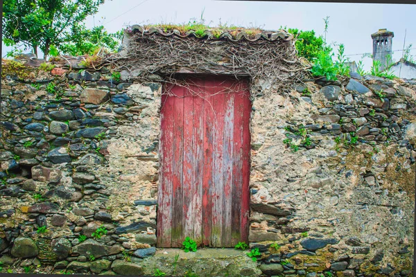 A red door in the old stone hedge in Portugal