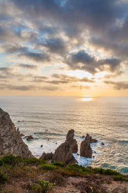 Praia da Ursa 'nın dramatik bir sahnesi. Yükselen deniz yığınları, engebeli uçurumlar ve gün batımında altın renkli gökyüzünün altında yemyeşil bir yer.