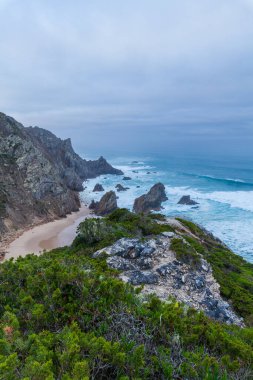 Gözlerden uzak, kumlu bir koy. Yükselen kayalıklar, çarpan dalgalar ve yumuşak, bulutlu bir gökyüzünün altında yemyeşil bir koy.