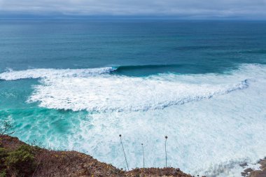 Sessiz bir kıyı yolu yemyeşil bitki örtüsü ve uzun kamışların arasından Atlantik Okyanusu 'ndaki açık mavi gökyüzünün altına doğru uzanır.