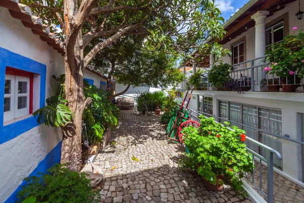 Büyük metal bir dinozor heykeli, yeşil çalılarla çevrili bir kavşakta duruyor. Parlak mavi bir gökyüzünün altında, dağınık bulutlarla. 