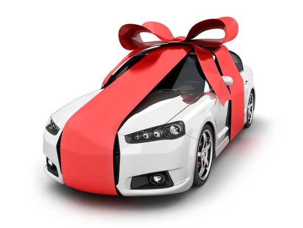 汽车和红色丝带礼物在白色背景 — 图库照片