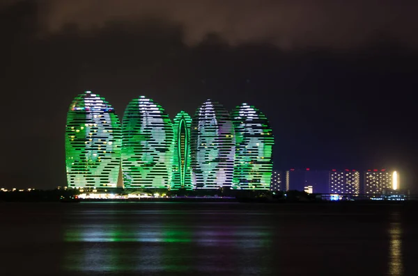 Scenic Night View Buldings Phoenix Island Backlight Reflection Sea Sanya Stock Image