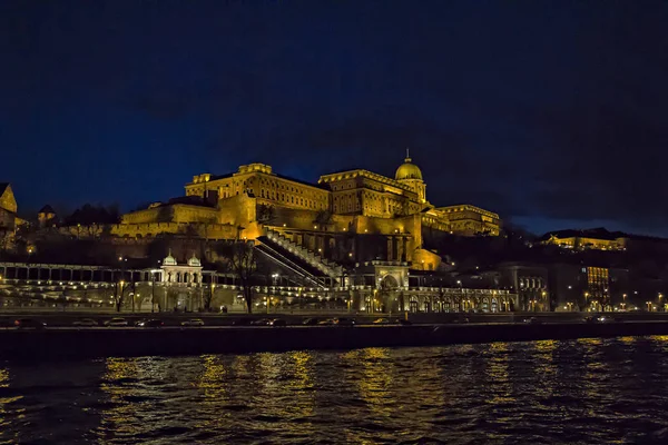 Vista Sul Lato Buda Budapest Con Castello Illuminato Buda Fiume — Foto Stock