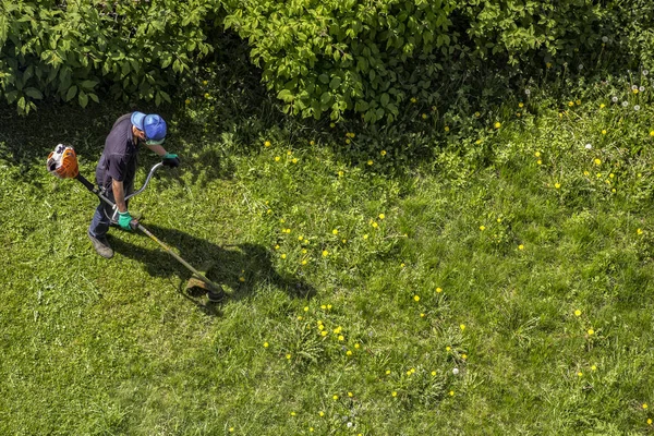 Männlicher Arbeiter Mit Elektrowerkzeug Saitenrasenmäher Beim Rasenmähen Ansicht Von Oben — Stockfoto